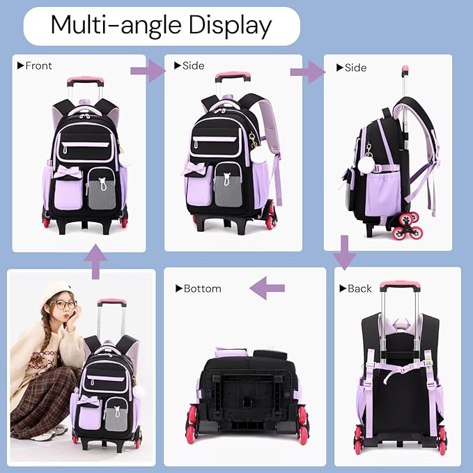Purple Rolling Backpack for Girls Kids Trolley Rolling School Bag Wheeled Backpack for Elementary School Roller Bookbags on 6 Wheels, Purple