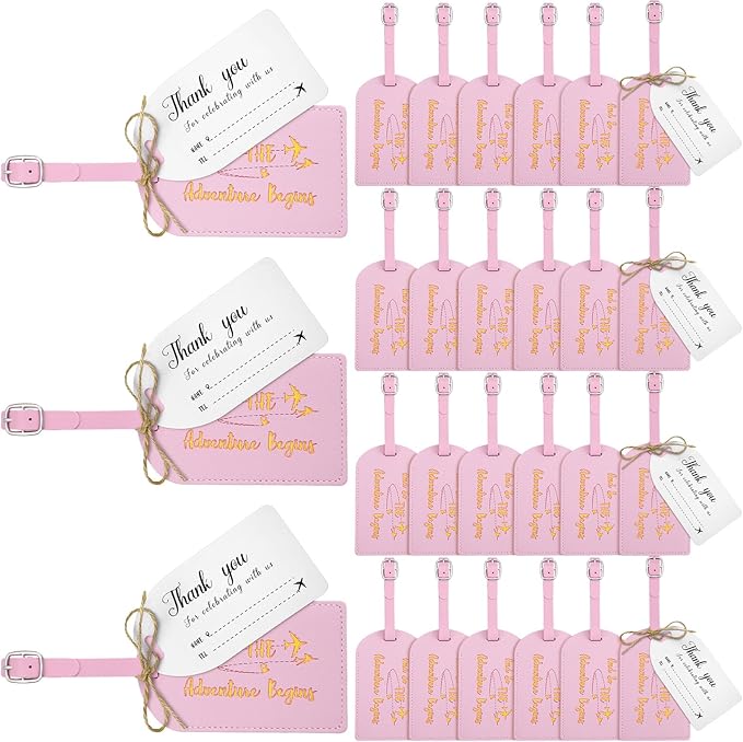 Sweetude 48 Sets Bulk Luggage Tags Wedding Favors and So The Adventure Begins Leather Luggage Tags for Suitcases with Name Card for Travel Themed Bridal Shower Graduation Party Favor(Pink)