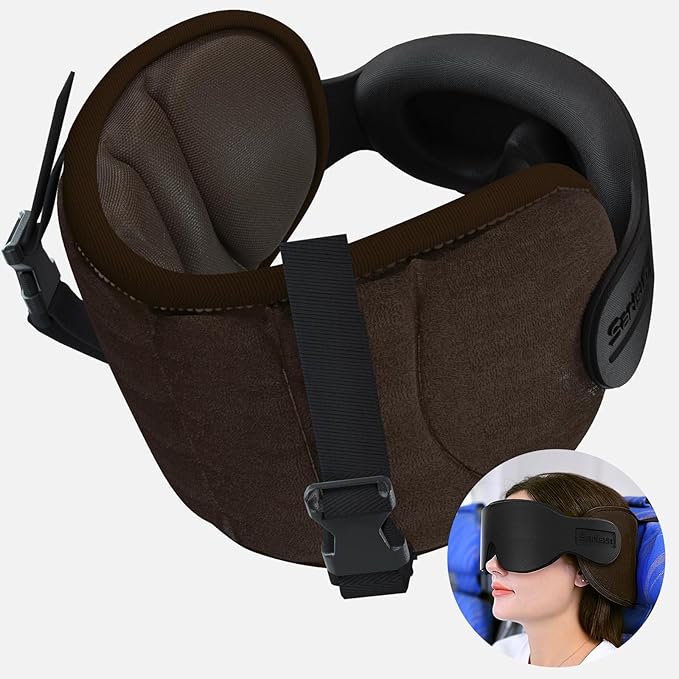 SARISUN Travel Pillows for Airplanes, Airplane Pillow with Eye Mask for Long Flight, Airplane Head Strap for Sleeping, 360° Support Headrest for Car Trip, Stop Bobblehead Travel Essential, Dark Brown