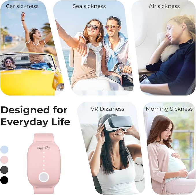 EmeTerm Fashion FDA-Cleared Relieve Nausea Electrode Stimulator Morning Sickness Motion Travel Sickness Vomit Relief Rechargeable No Gel Drug Free Wrist Bands Without Side Effects