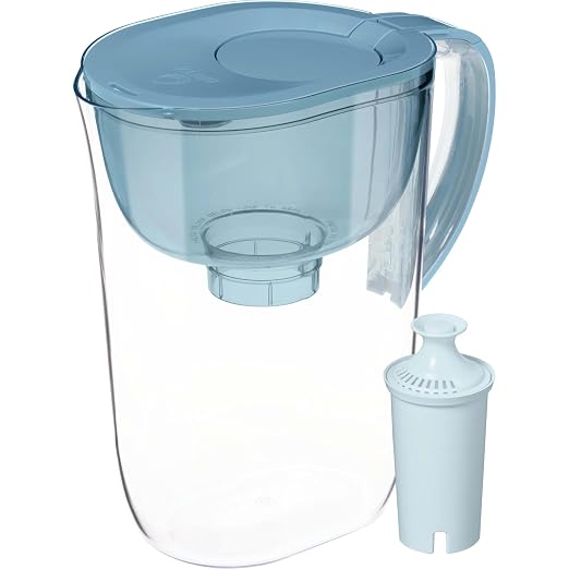 Brita Large 10-Cup Water Filter Pitcher with BritaPlus Filter, WQA NSF/ANSI Certified, Reduces 2X Contaminants vs. Standard, Removes Chlorine Taste & Odor, Reduces Zinc Copper Mercury, Stone Blue