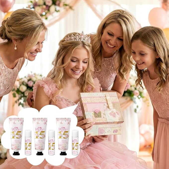 Leelosp 50 Pcs/25 Sets Quinceanera Party Favor Gifts for Guests 15th Thank You Gifts Girl Pink Hand Cream and Lip Balm Sweet 15th Birthday Party Favors for Guests