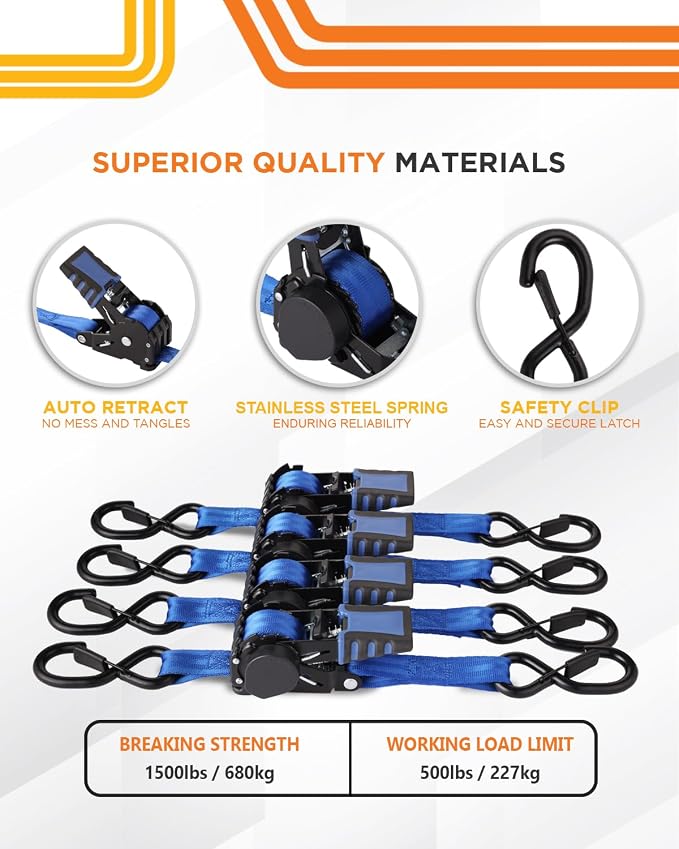 Strapinno 4 Pack Auto Retractable Ratchet Straps Bundle -1 in x 6 ft, 1500 LBS Break Strength Each, Heavy Duty Tie Down Straps for Cargo Securing, Weather Resistant Safety S-Hooks, Blue Strap