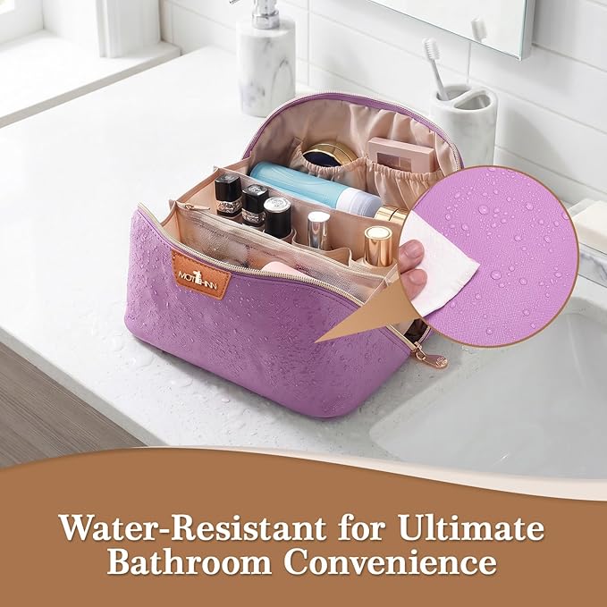 Travel Makeup Bag for Women: 3-in-1 Large Capacity Cosmetics Organizer with 2 Detachable Pouch - Vegan Leather Flat Open Toiletry Bag - Travel Essentials for Full-Sized Bottles(01-Purple)
