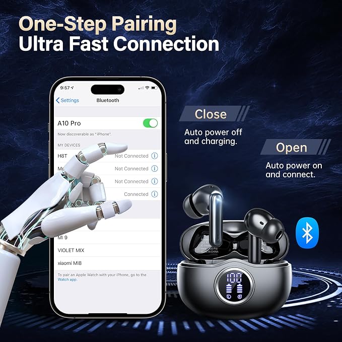 HiFi Stereo Wireless Earbuds, Bluetooth 5.3 with LED Display 50H Playback ENC Noise Canceling IPX7 Waterproof Earphones for Gym/Running/Work