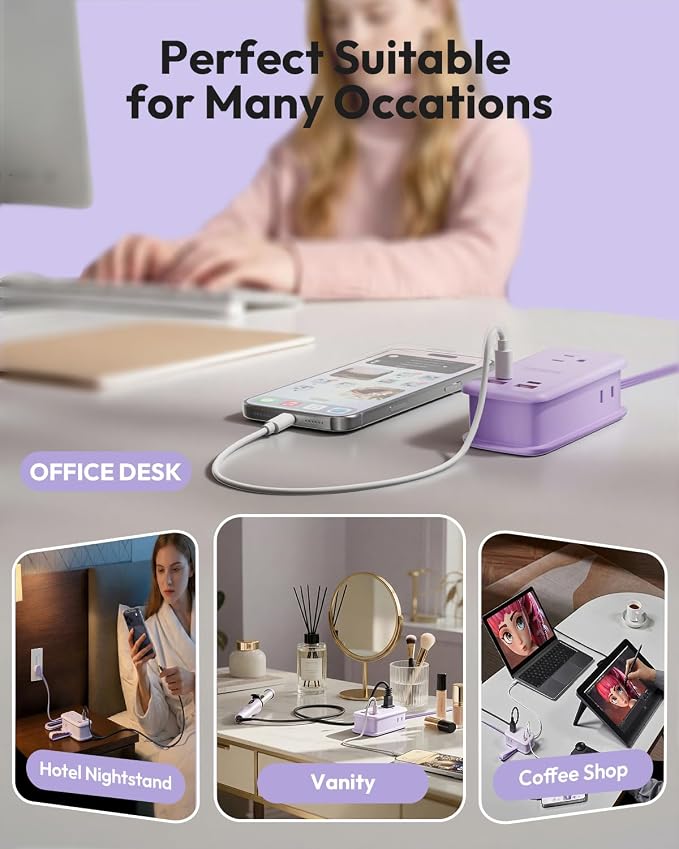 NTONPOWER GAN Ultra 65W USB Fast Charging Station, 7 in 1 Travel Power Strip with 3 Outlets 4 USB (2 USB C), Extension Cord 4ft, Cruise Essentials Compatible with MacBook, iPhone,Purple