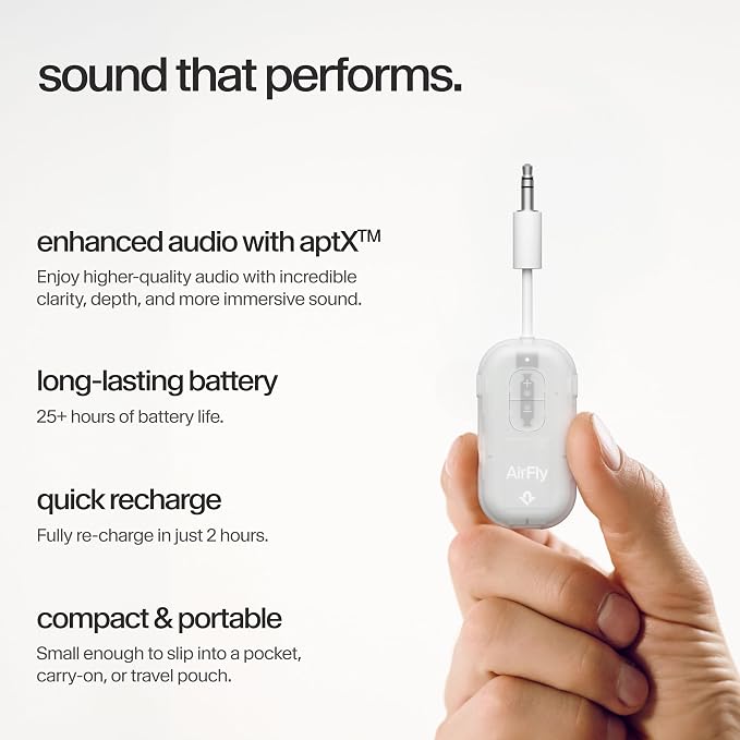 AirFly Pro 2 – Bluetooth Adapter for Airplane, Pair 2 AirPods or Wireless Headphones – 3.5mm AUX Bluetooth Transmitter for Cars, Boats, Treadmills, TVs– Airplane Travel Essentials, Glacial White