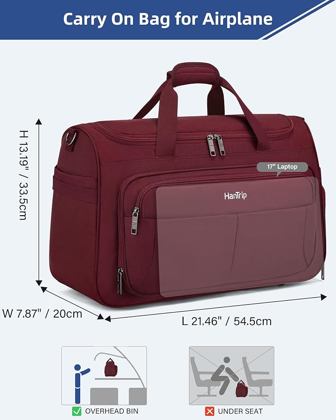 HanTrip Carry on Duffel Bag Foldable Duffle Bags for Travel, Large Personal Item Bags for Airplanes, Weekender Overnight Mens Travel Tote Bag for Women Softside Carry on Luggage (Burgundy)