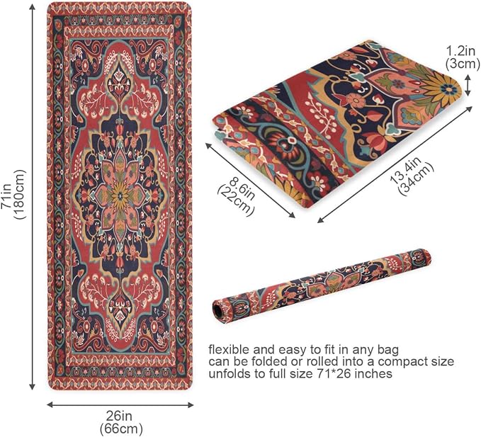Kigai Travel Yoga Mat 71" x 24" Non Slip Natural Rubber Foldable Exercise Mat Ultra Thin 1.5mm Lightweight for Fitness, Pilates & Home Workout, Persian Design