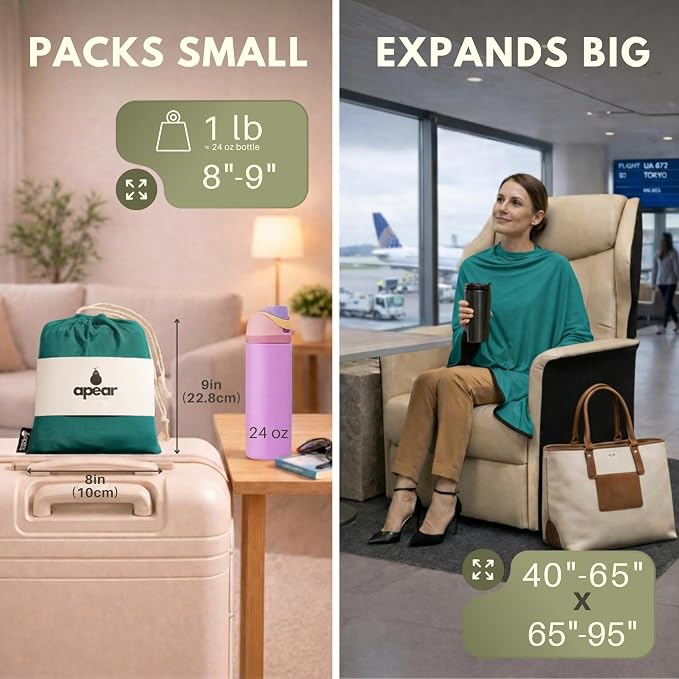 16-in-1 Compact Travel Blanket with Bag – Reversible, Ultra Soft Bamboo Airplane Blanket with Hidden Pocket – Packable for Flights & Travel Essentials (Semi-Weighted, Double Layer)