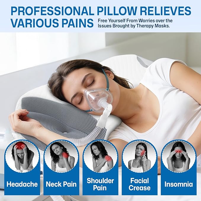 CPAP Pillow for Side & Back Sleepers - Mask Compatible Contour Design to Reduce Leaks, Breathable Memory Foam Pillow with Ergonomic Support & Hose-Friendly Cutouts for Comfortable Sleep, Grey