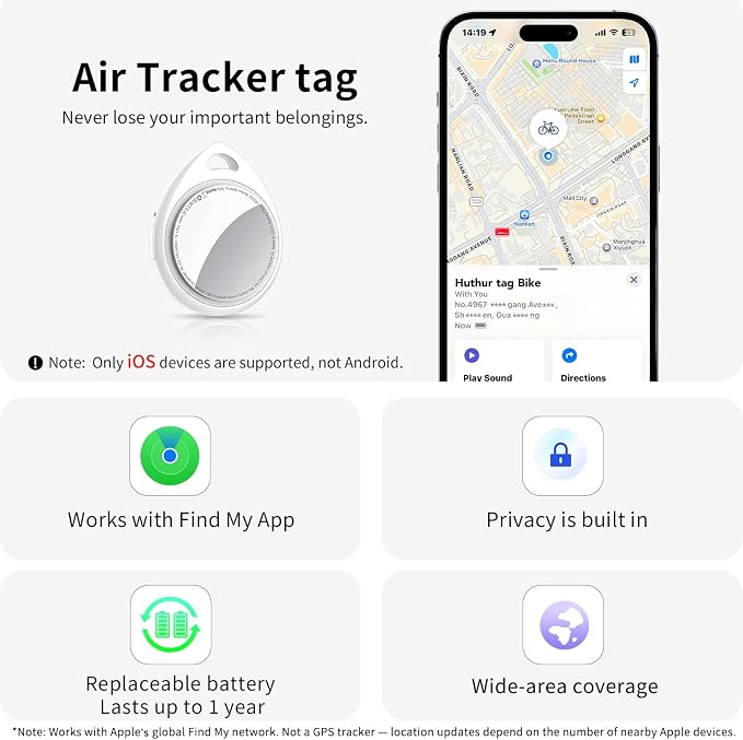Air Tracker Tags-4 Pack, 5.3 Bluetooth Tracker Work with Apple Find My (iOS Only), 100dB Sound, Smart Tag with Keychain/Lanyard, Item Finder for Luggage/Key/Suitcase, Replaceable Battery, White