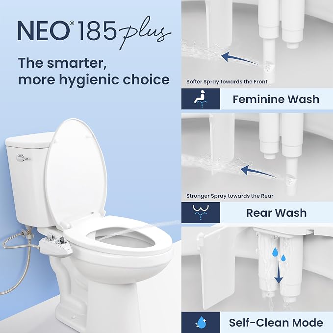 LUXE Bidet NEO 185 Plus - Dual Nozzle, Non-Electric Bidet Attachment for Toilet Seat, Patented Slide-In Install, 360° Self-Clean, EZ-Lift to Clean, Feminine & Rear Wash (White)