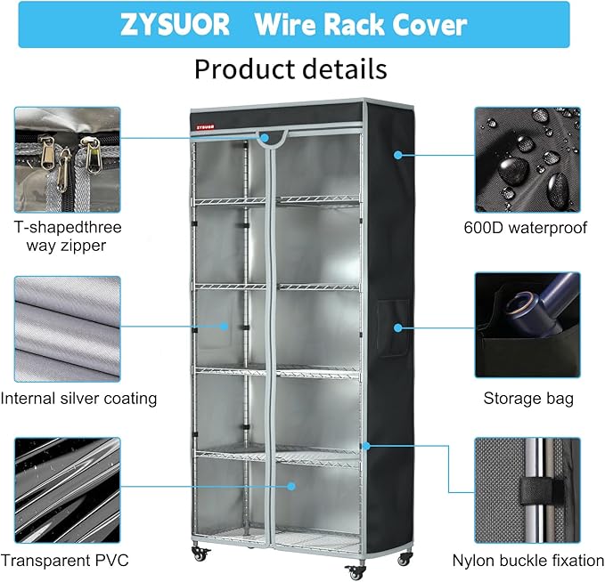 Wire Rack Cover, Fits 42"x19"x72" Metal Shelving | Waterproof Dustproof Cover for Wire Shelf & Clothes Rack, Clear PVC Front & T-Zipper (No Shelves,Black)
