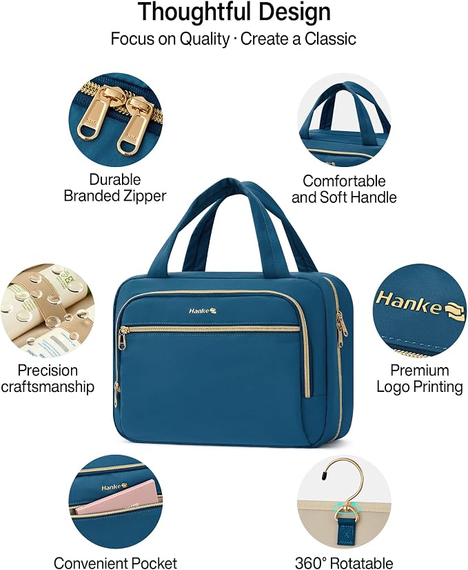 Hanke Hanging Travel Toiletry Bag for Women, Water-Resistant Makeup Organizer with Hook, Cosmetic Bag for Bathroom & Travel Essentials Accessories, Navy Blue