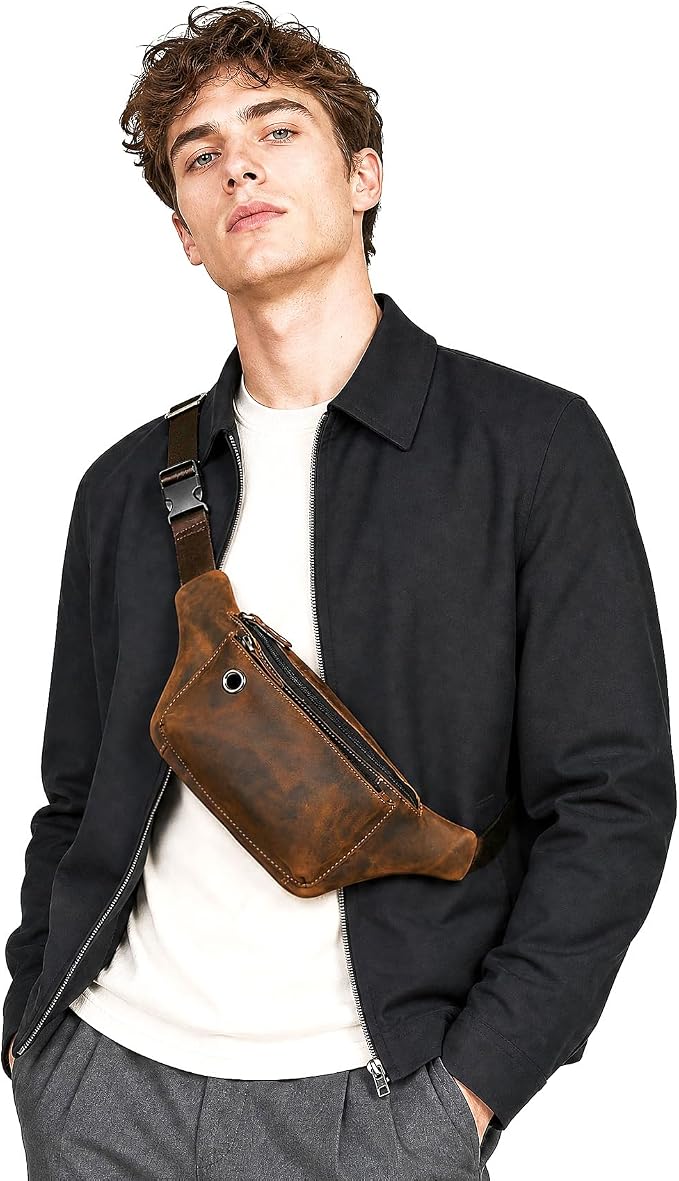 Water Resistant Canvas + Leather Hiking Riding Travel Fanny Waist Pack Small Phone Pouch For Men Women FB811-29 (W-8138-Brown)