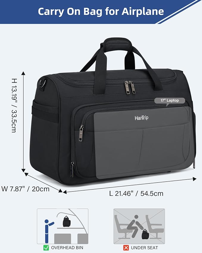 HanTrip Carry on Duffel Bag Foldable Duffle Bags for Travel, Large Personal Item Bags for Airplanes, Weekender Overnight Mens Travel Tote Bag for Women Softside Carry on Luggage (Black)