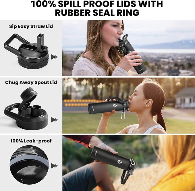 RAYMYLO Insulated Water Bottle 24 oz, Triple Wall Vacuum Stainless Steel (Cold for 24Hrs, Hot for 12Hrs), Leak Proof & Non-BPA, Modern Water Flask Jug with Paracord Handle & Straw Spout Lids