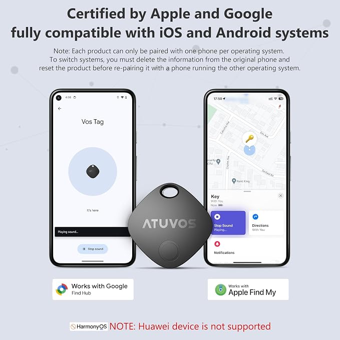 ATUVOS Dual System Air Tracker Tag Pro 4 Pack, Smart Key Finder Works with Android Google Find Hub or iOS Apple Find My APP (Huawei not Supported), Bluetooth Item Locator for Luggage, Suitcase, Wallet
