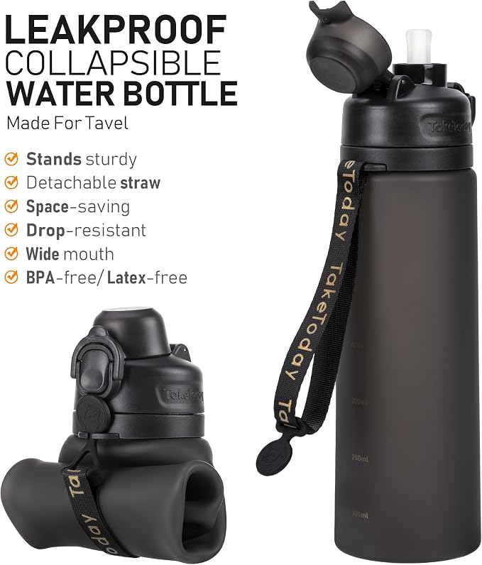 TakeToday Collapsible Water Bottles 32oz Black and 20oz Black, Foldable Travel Water Bottle with Strap, BPA Free, Silicone Water Bottle Leakproof for Hiking, International Travel, Outdoors