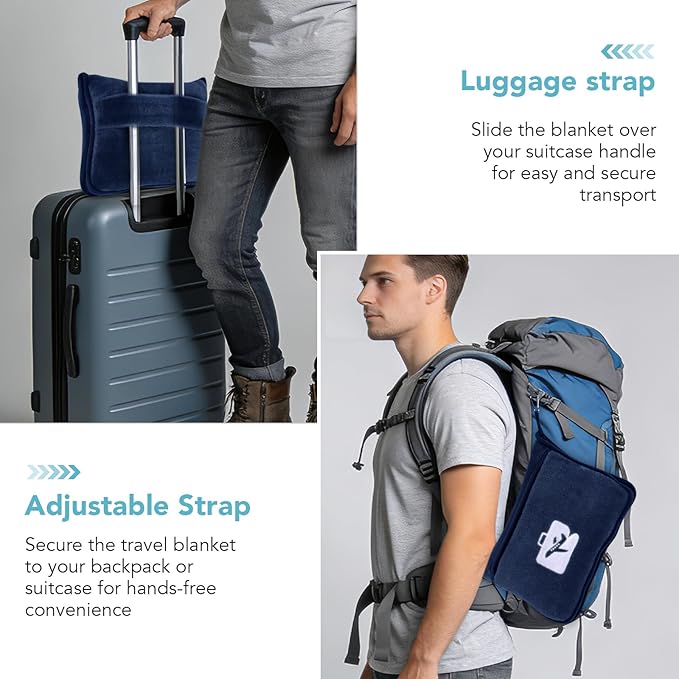 SINLAND Travel Pillow and Blanket 2-in-1 Set,Airplane Packable Bag,Soft and Lightweight Plane Flight Car Trips Travel Essentials Gift,Hand Luggage Sleeve and Backpack Clip,60x51 Inch NavyBlue