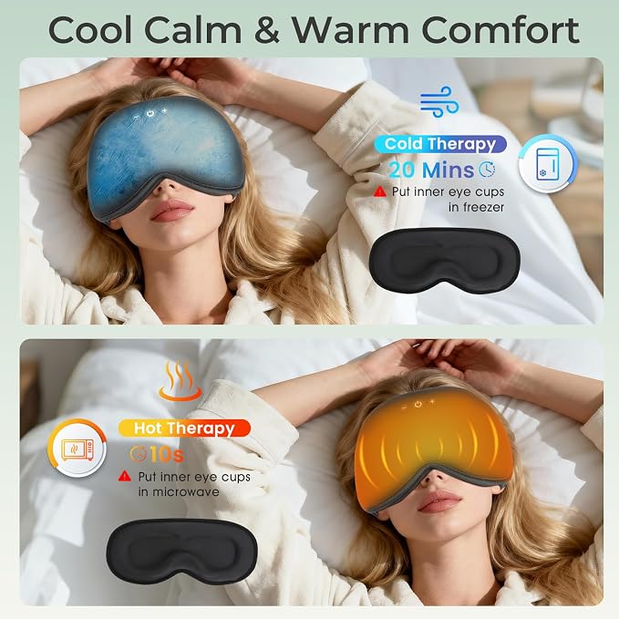 Weighted Bluetooth Sleep Mask with Removable Hot & Cold Gel Insert, 3D Blackout Eye Mask, Adjustable Speaker Placement, Passive Sound Masking, 15H Playback for Sleep, Travel & Relaxation