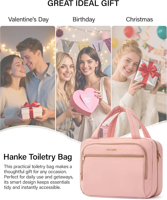 Hanke Hanging Travel Toiletry Bag for Women, Water-Resistant Makeup Organizer with Hook, Cosmetic Bag for Bathroom & Travel Essentials Accessories, Pink