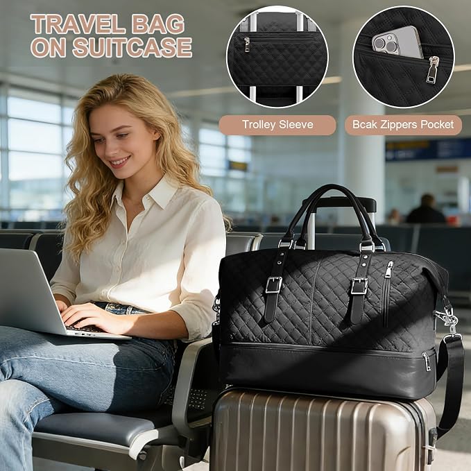 Travel Duffel Bag, Weekender Overnight Bag for Women with Trolley Sleeve, Carry On Bag for Airplanes Sport Tote Gym Bag with Shoes Compartment.(Black)