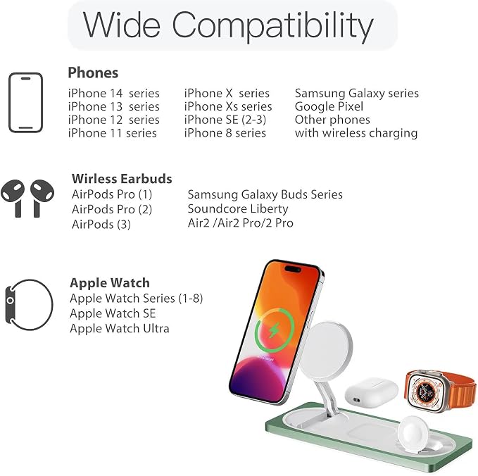 PETINO 3 in 1 Wireless Charging Station for Apple Devices with MagSafe | For iPhone 17/Air/16/15/14/13/12, AirPods & Apple Watch, Foldable Portable Aluminum Charging Stand, Adapter Included