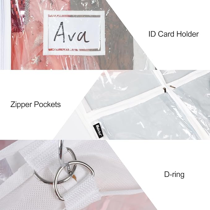 Univivi Clear PVC Dance Costume Bags (12 Pack) Garment Bag 40 Inch for Dance Competitions, with 4 Medium Clear Zipper Pockets and 1 Large Back Zippered Pocket (40'' x 24'' 12 Pack)