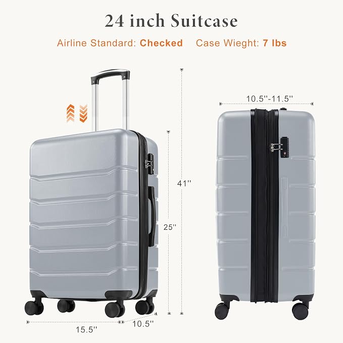 Sweetcrispy Carry on Luggage, Hard Shell ABS Suitcase with Double Spinner Wheels, Lightweight Expandable Rolling Suit Case with TSA Lock, 24 Inch Light Grey