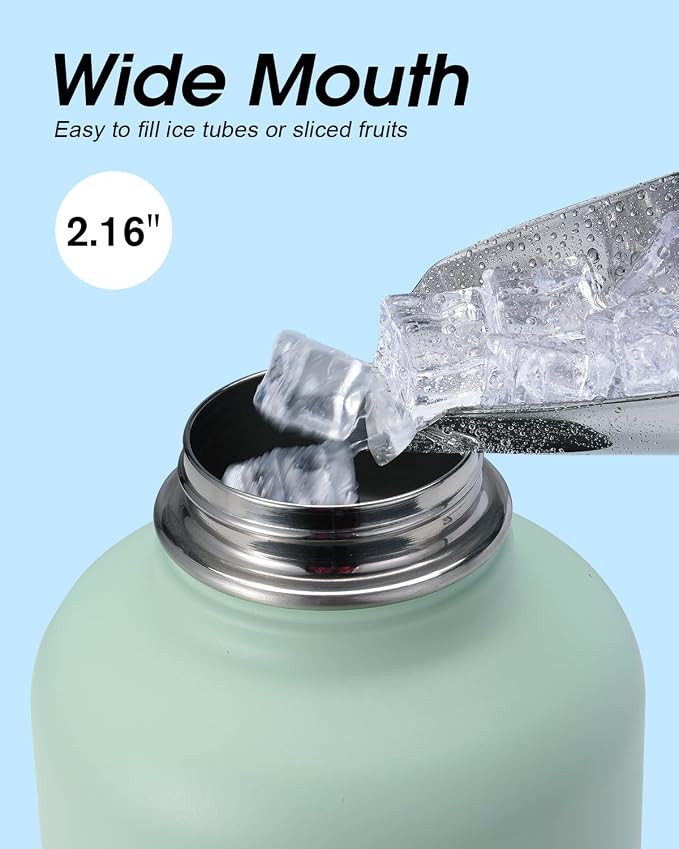 Half Gallon Water Bottle Insulated with Straw & 3 Lids, Coolflask 64 oz Water Jug Large Metal Stainless Steel Wide Mouth for Sports, Gym or Office, Non-BPA Keep Cold 48H Hot 24H, Ombre Green