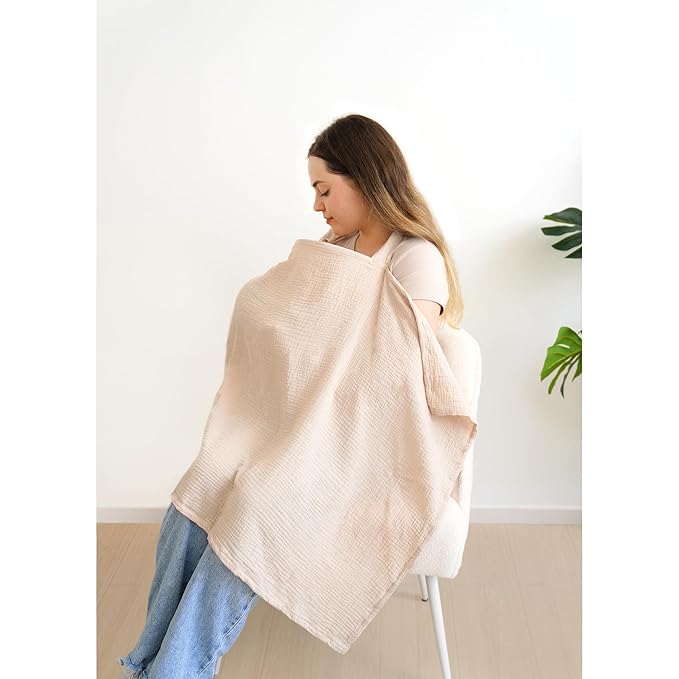 MairMore Muslin Nursing Covers for Breastfeeding, Privacy Breast Feeding Cover with Arch Neckline for Mom and Baby, Breathable 100% Cotton Nursing Apron Multi-use Stroller Cover