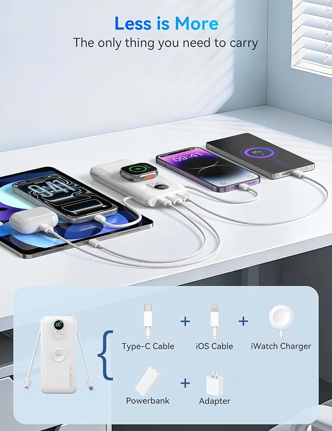 Portable Charger, 10000mAh 20W Fast Charging Power Bank with Built in Cables & AC Wall Plug & LED Display, Travel Essentials Battery Pack Powerbank for iPhone, iPad, iWatch, Samsung, White