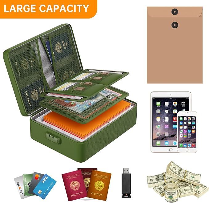 DocSafe 5200°F Fireproof Document Organizer Box with Lock, Green (Soft) | Heat Insulated 8 Layers File Protection Bag,Water-Resistant Zipper,Portable Home Office Travel Safe Storage for Files,Laptop