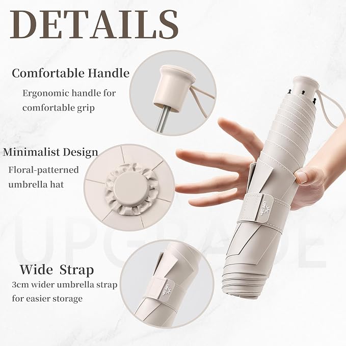 Travel Folding Extra-Large Carbon Umbrella,Ultra-Lightweight/Thin,Compact,Portable,110cm Large Canopy,3cm Wide Umbrella Strap,Teflon Coating,Anti UV,UPF50+,Sun/Rain,6Ribs,Men/Women/Kids,Backpack/Car