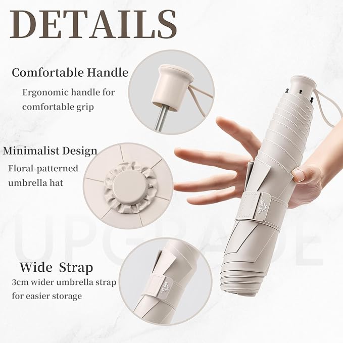 Travel Folding Extra-Large Carbon Umbrella,Ultra-Lightweight/Thin,Compact,Portable,110cm Large Canopy,3cm Wide Umbrella Strap,Teflon Coating,Anti UV,UPF50+,Sun/Rain,6Ribs,Men/Women/Kids,Backpack/Car
