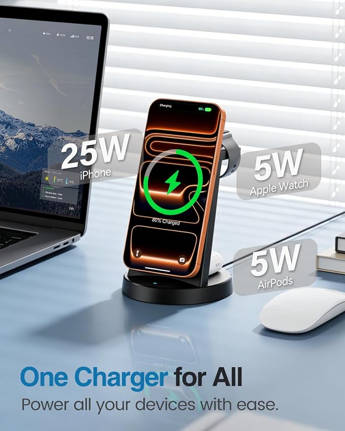 25W Magnetic 3-in-1 Wireless Charging Station for Apple Multiple Devices: Fast Charger Stand for iPhone Air 17 16 15 14 13 12 Pro Max, Apple Watch and AirPods-Perfect for Business and Travel, Black