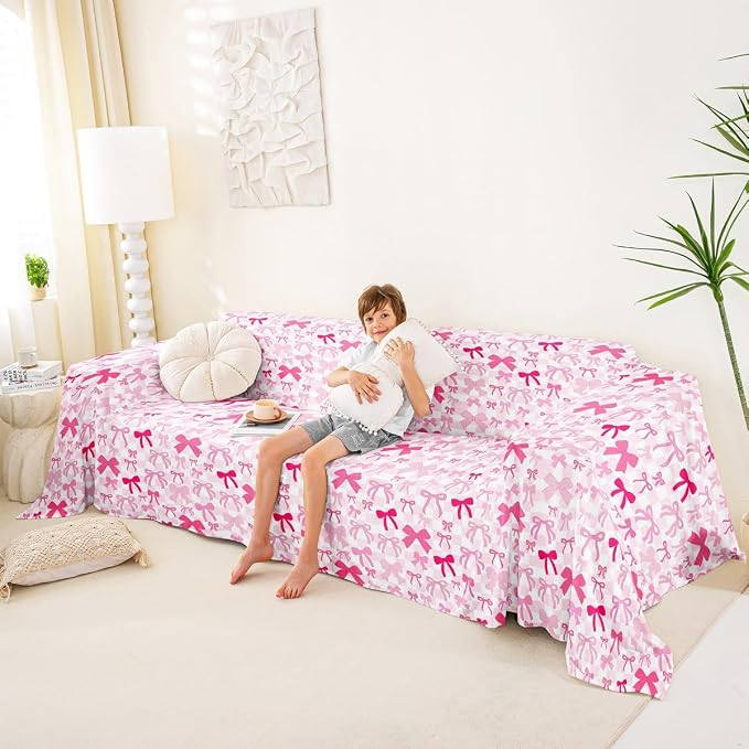 Pink Bow Sofa Slipcover White Buffalo Plaid Non Slip Fuzzy Pet Couch Covers for Sofa,Cute Dreamy Princess Bowknot Kawaii Geometric Bow Tie Sofa Cover Furniture Protector Couch Soft for Kids,91"x150"