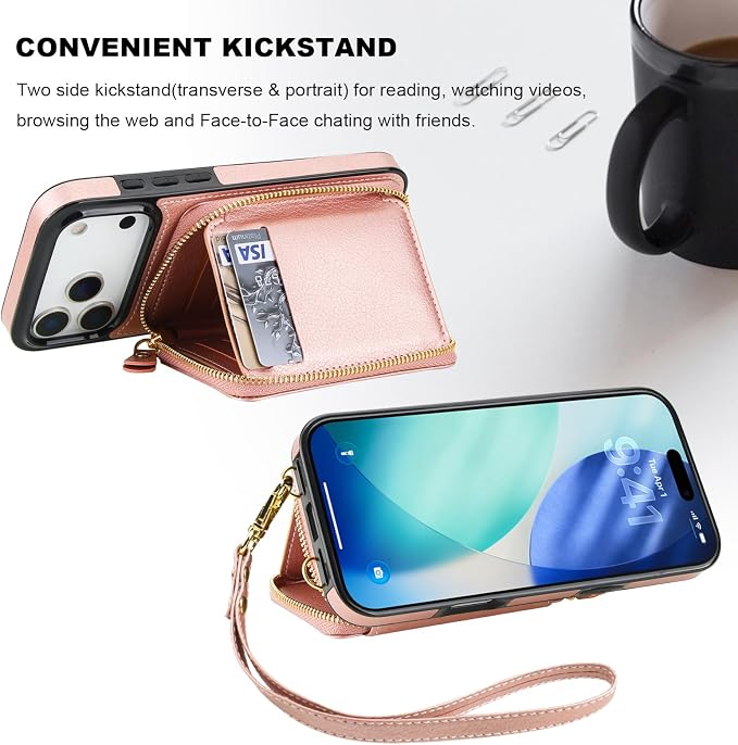 Bocasal RFID Blocking Wallet Case for iPhone 17 Pro Max, Adjustable Crossbody Zipper Purse Case Card Holder with Kickstand Detachable Wrist Strap, PU Leather Flip Folio Case 6.9 Inch 5G (Rose Gold)