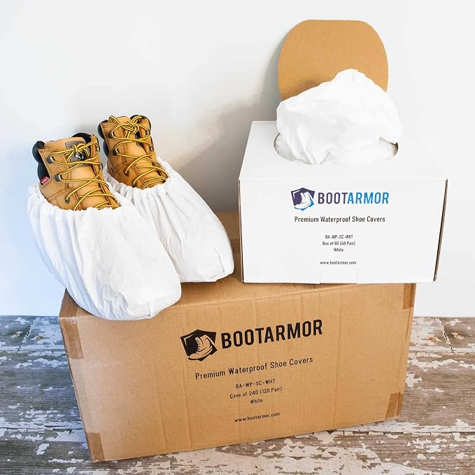 Waterproof Boot and Shoe Covers - Durable, Extra Large, Stretchable Up to Size 14 Work Boot - Dispenser Box Contains 80 Shoe Covers (40 Pair) - White
