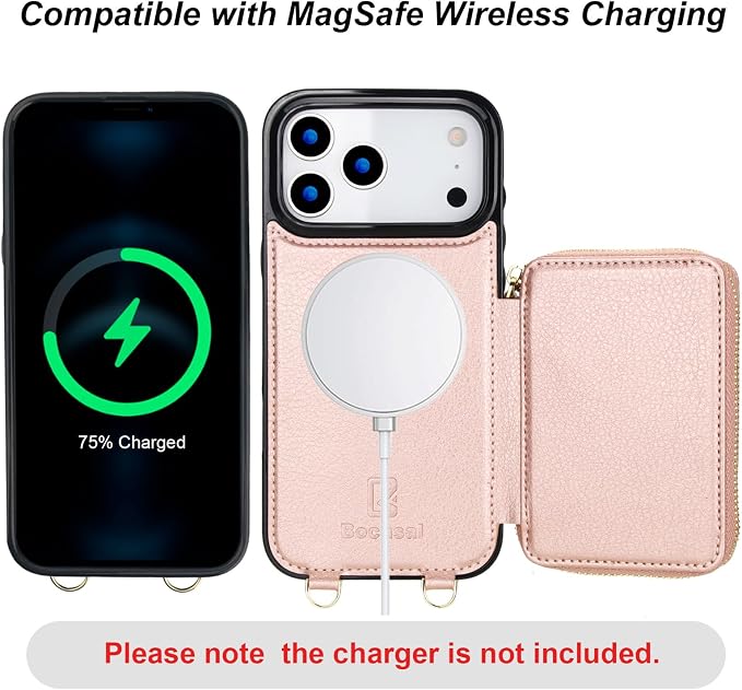 Bocasal for MagSafe Crossbody Wallet Case Compatible with iPhone 17 Pro Max, RFID Blocking Protective Purse Case with Card Slots Holder Kickstand Wrist Strap Lanyard Zipper 6.9 Inch 5G (Rose Gold)