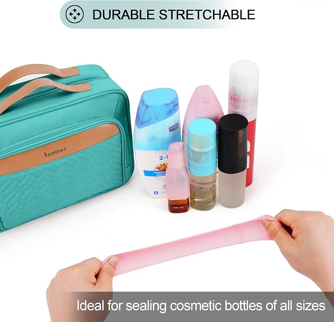 COOSKY Travel Hanging Toiletry Bag for Women, Large Makeup Bag 8 Leak Proofing Silicone Bottle Covers, Waterproof Cosmetic Bag with Jewelry Organizer Compartment, Toiletries Kit Set, Blue