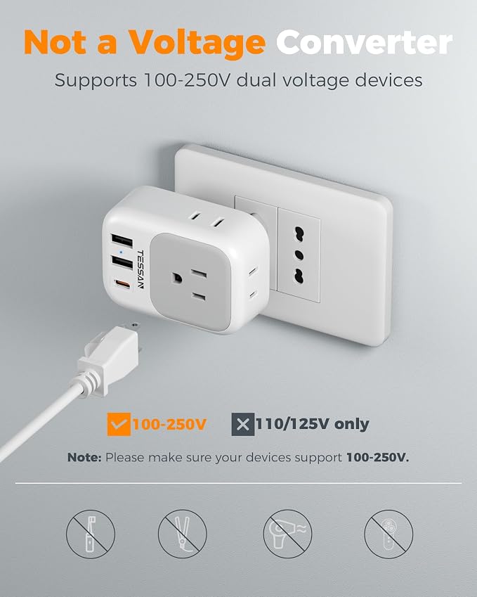 TESSAN Italy Travel Plug Adapter 2 Pack, Italy Power Adaptor with 4 Outlets 3 USB Charger(1 USB C PD 20W), Type L Adapter for US to Chile Libya Syria Tunisia Uruguay