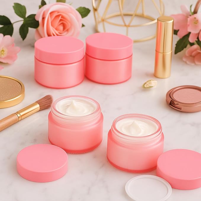 Domensi 100 Pcs 1oz Glass Jars with Lids Bulk Small Glass Salve Tins Cream Container Cosmetic Jars for Travel Balm with Inner Liners for Sample Cream (Pink,Pink Lid,Plastic Lid)