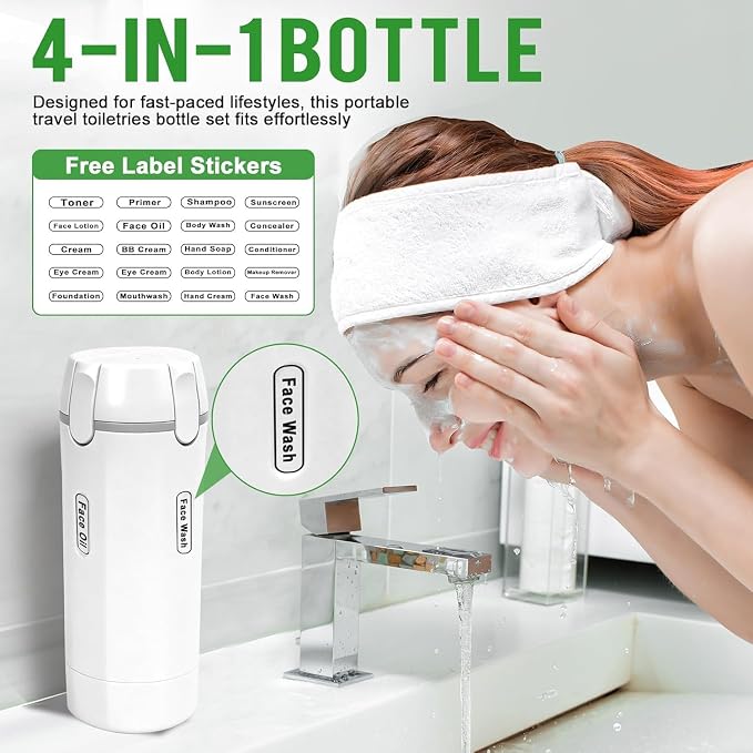 4 in 1 Travel Dispenser Bottle,Leak Proof Refillable Bottles Store Shampoo, Lotion and More,Transparent with Scale, Easy Squeeze Use, Lightweight & Portable Perfect for Travel,Gym,Camping (Green)