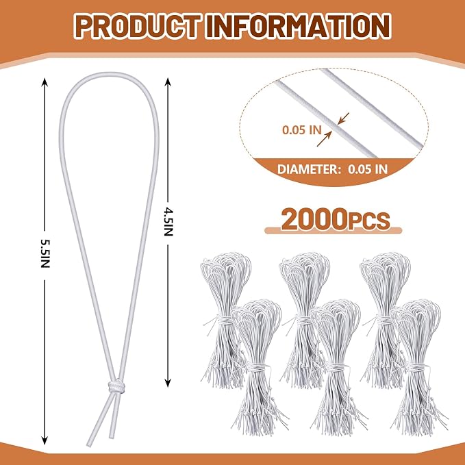 2000 Pcs 9 Inch Long Elastic Loop for Attaching Tags, Easy and Fast to Attach, Bundle of White Elastic String for Hang Tag, Clothes Tabs, Price Tabs, Luggage Label