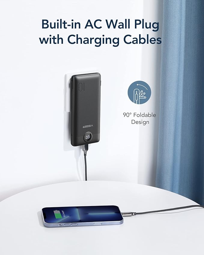 VEGER Portable Charger Power Bank with Built-in AC Plug and Cables, All in One 10000mAh Ultra Slim Travel Essentials, Fast Charging Battery Pack Compatible with iPhone, Samsung, Android, Black