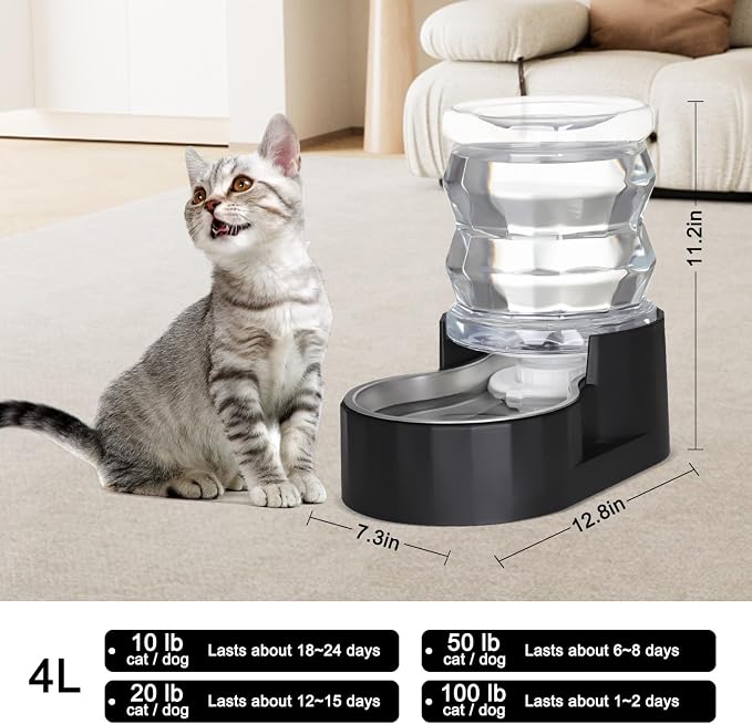 RIZZARI 4L Black Filtered Gravity Pet Water Dispenser | Stainless Steel Bowl,Fresh Water Supply,Helps Reduce Odor,Easy to Clean,Ideal for Small Pets