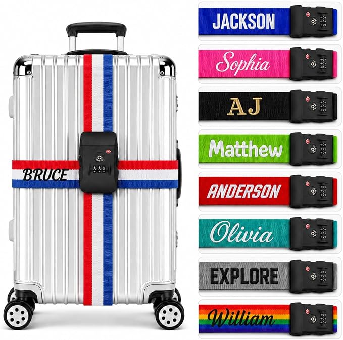 Personalized Luggage Strap with TSA Compatible Combination Lock,8 Pcs Custom Embroidered Name Suitcase Belt, 200CM Adjustable Travel Identifier for 18-32 Inch Bags(8)